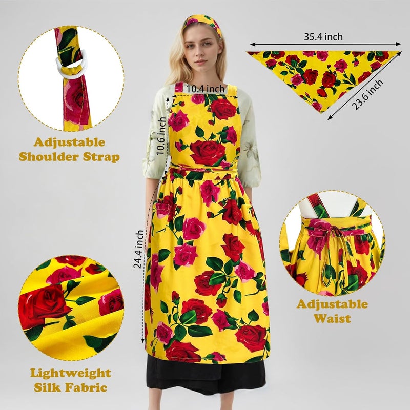 Cityelf Vintage Pinafore Floral Apron Dress with Headscarf Set Adjustable Cross Back with Pocket for Kitchen Baking Gardening - Image 3
